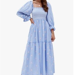 Blue Smocked Floral Print - Long Sleeve Maxi Dress